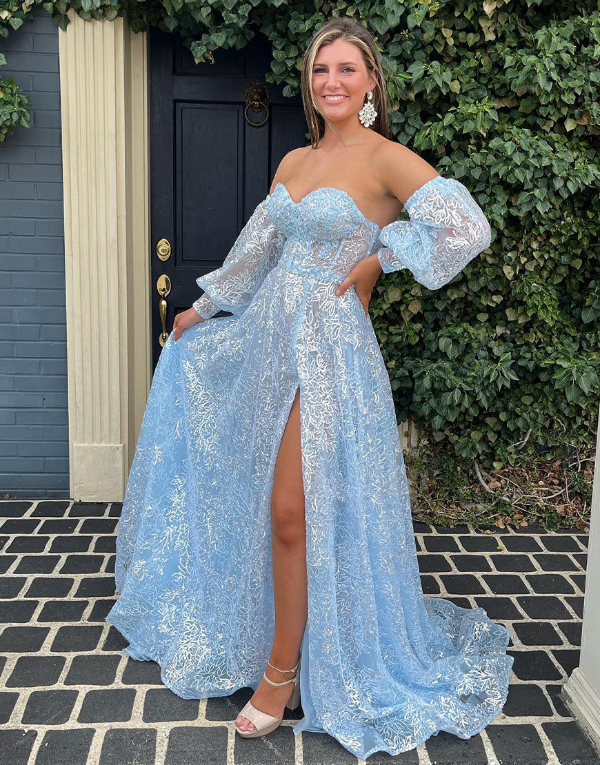 Finley | Off-the-Shoulder Ruffled Tulle A-Line Prom Gown with Side Slit