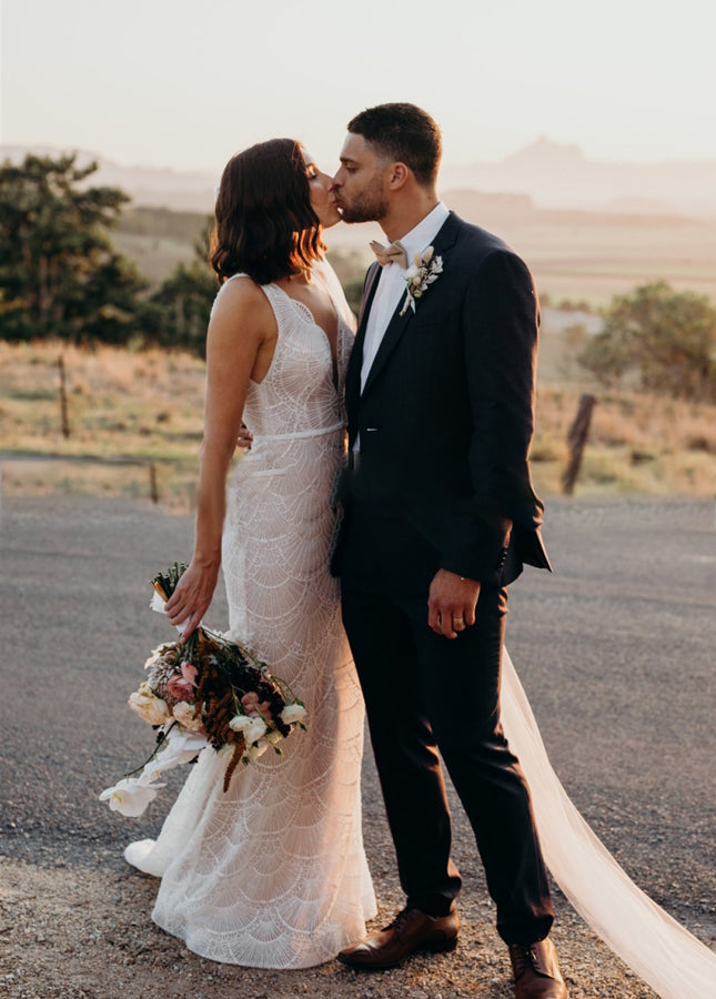 Bohemian V-Neck Lace Mermaid Wedding Dress with Backless Design