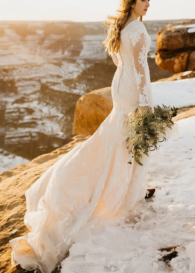 Boho Lace Mermaid Wedding Dress with Long Sleeves and Appliqué Details