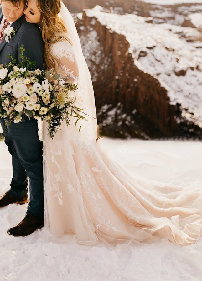 Boho Lace Mermaid Wedding Dress with Long Sleeves and Appliqué Details
