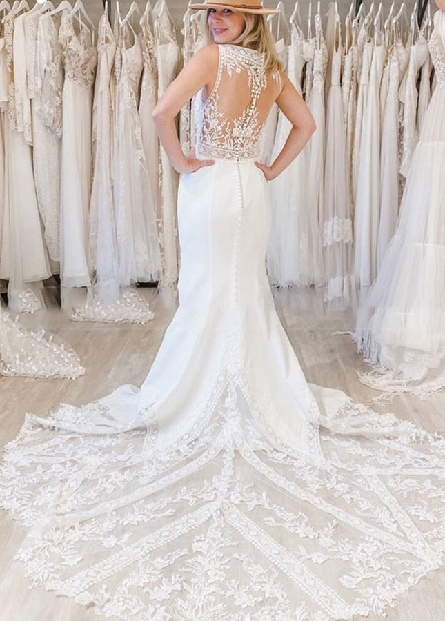 Boho V-Neck Mermaid Bridal Dress with Lace Chapel Train