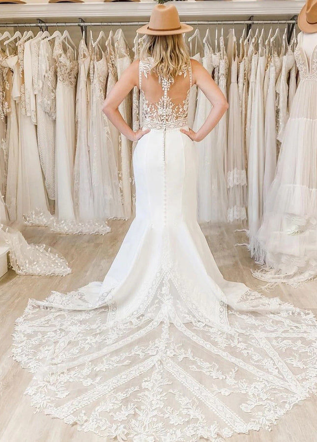 Boho V-Neck Mermaid Bridal Dress with Lace Chapel Train