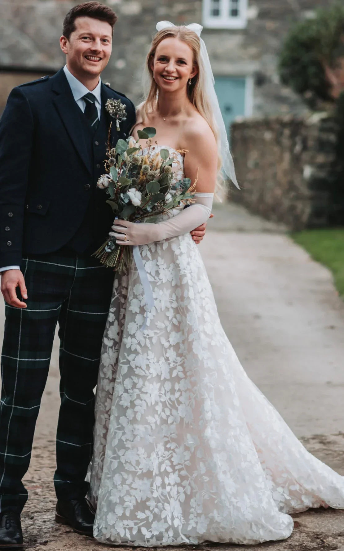 Boho A-Line Strapless Garden Wedding Dress with White Lace Appliqués and Sweep Train