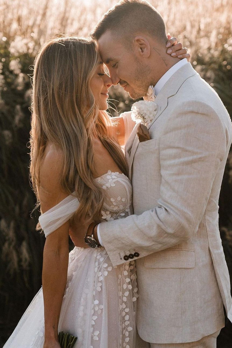 Bohemian A Line V Neck Tulle Wedding Dresses with Appliques LD072901
