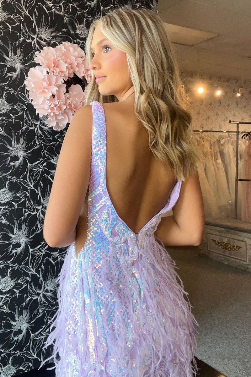 Cute V Neck Lavender Sequins Short Homecoming Dresses with Feather LD071004