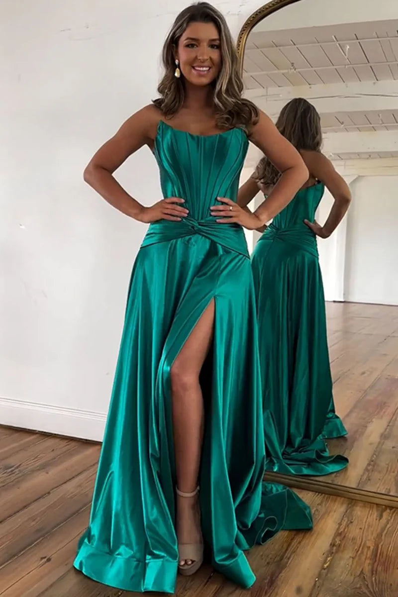Green Strapless Satin Prom Dress, A-Line with Split and Zipper Back ld101010