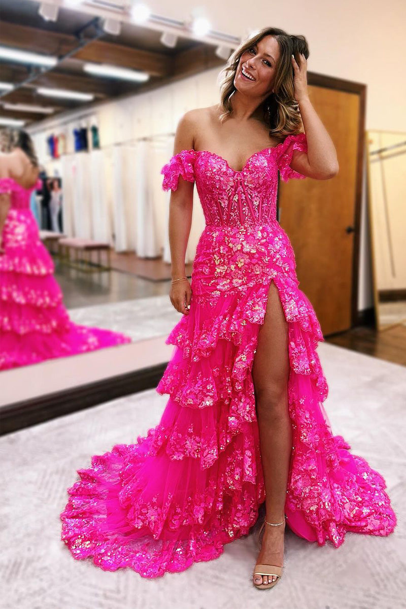 Cute Off the Shoulder Pink Sequins Ruffle Tiered Long Prom Dresses LD062551