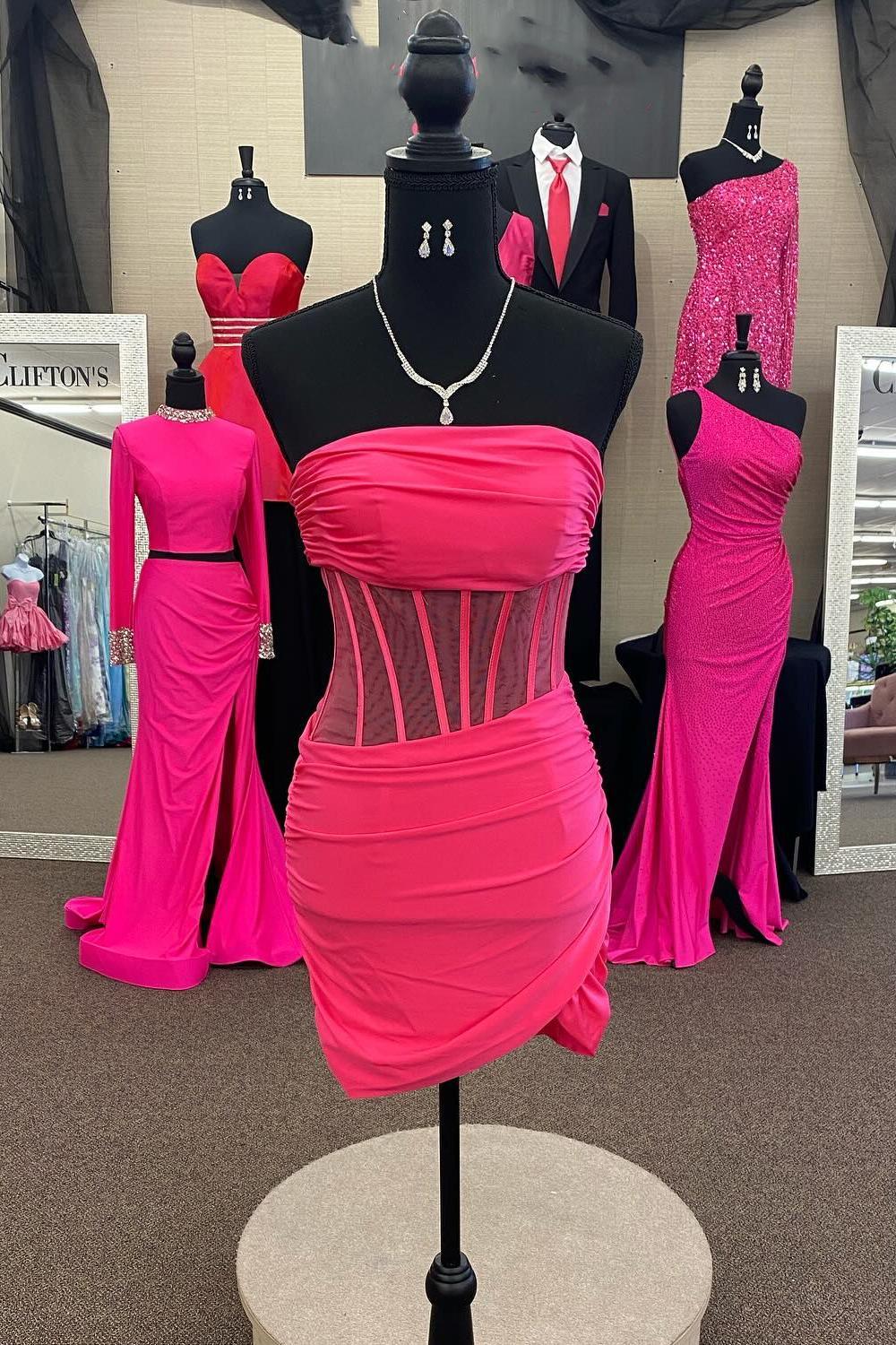 Cute Bodycon Strapless Dark Red Satin Short Homecoming Dresses LD072103
