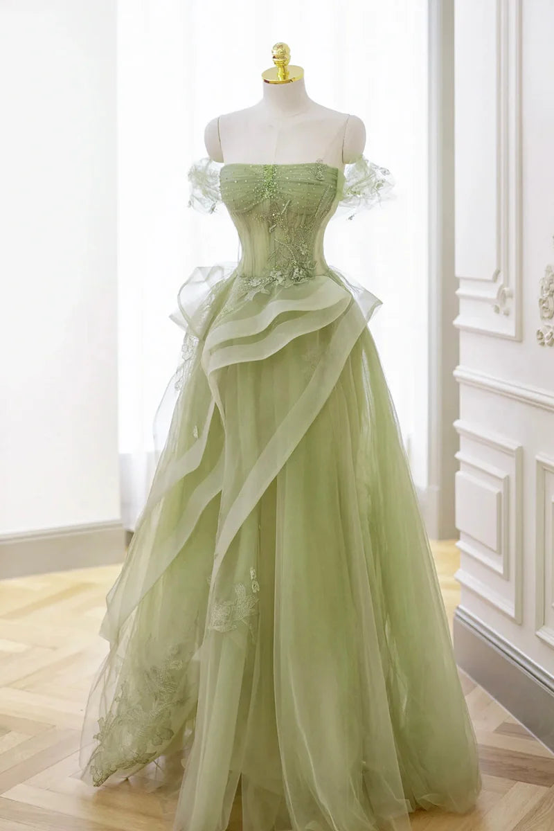 Green Lace Corset Prom Dress with Tulle Skirt