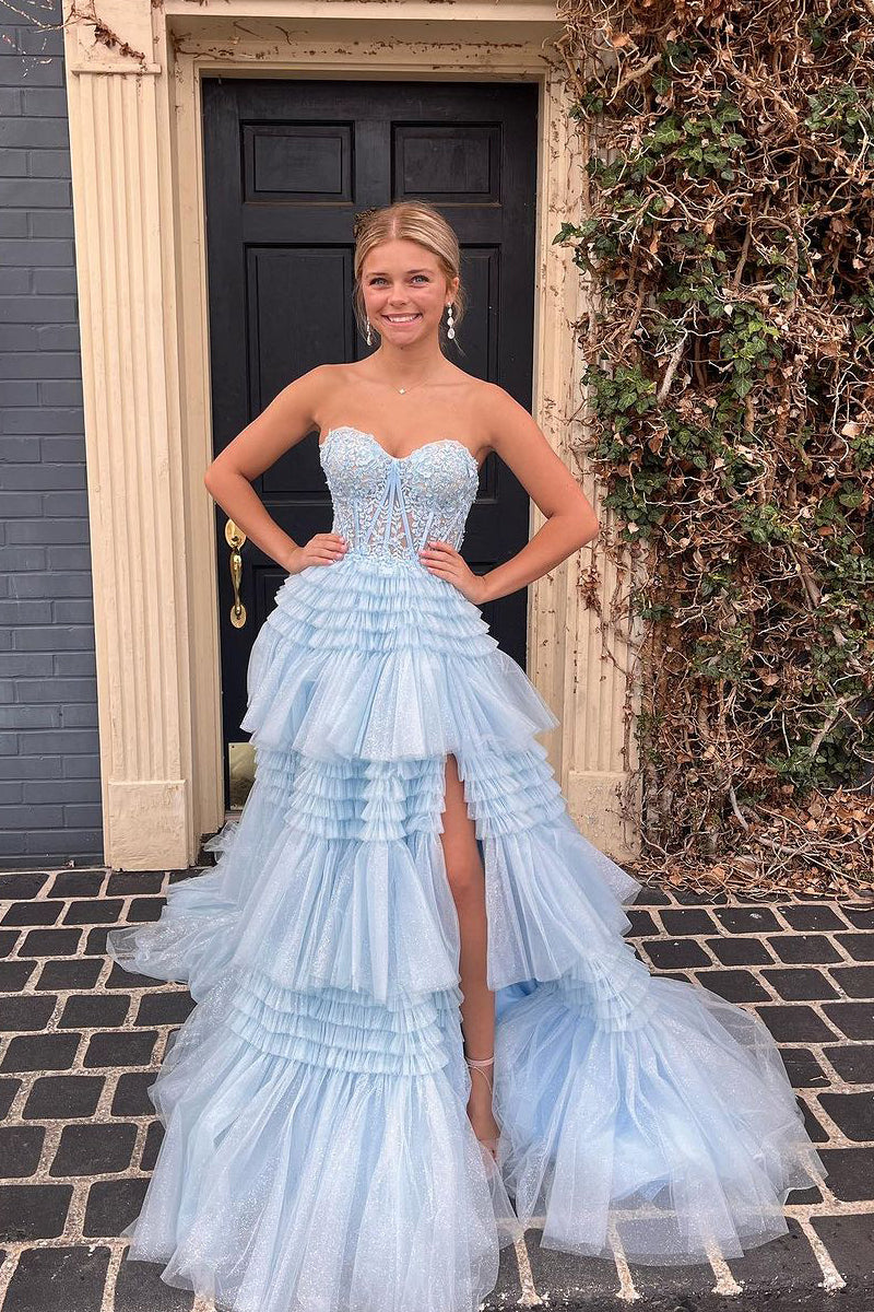 Cute A-Line Sweetheart Light Blue Ruffle Tiered Tulle Long Prom Dress LD062590