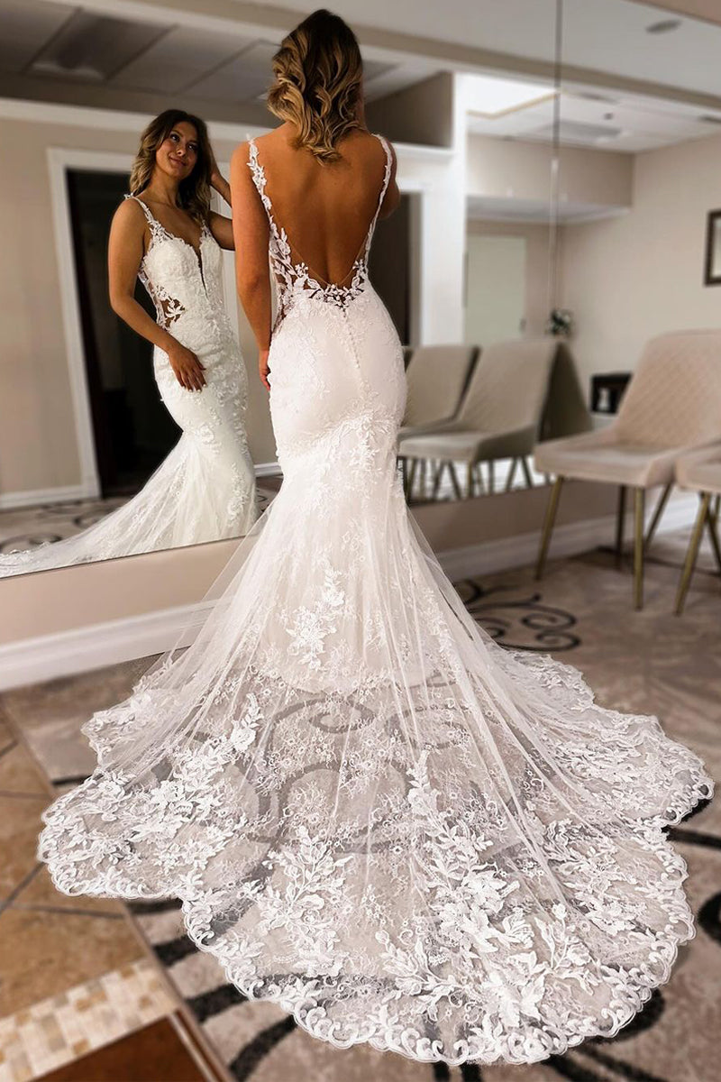 Charming Mermaid V Neck Lace Wedding Dresses with Appliques LD070205