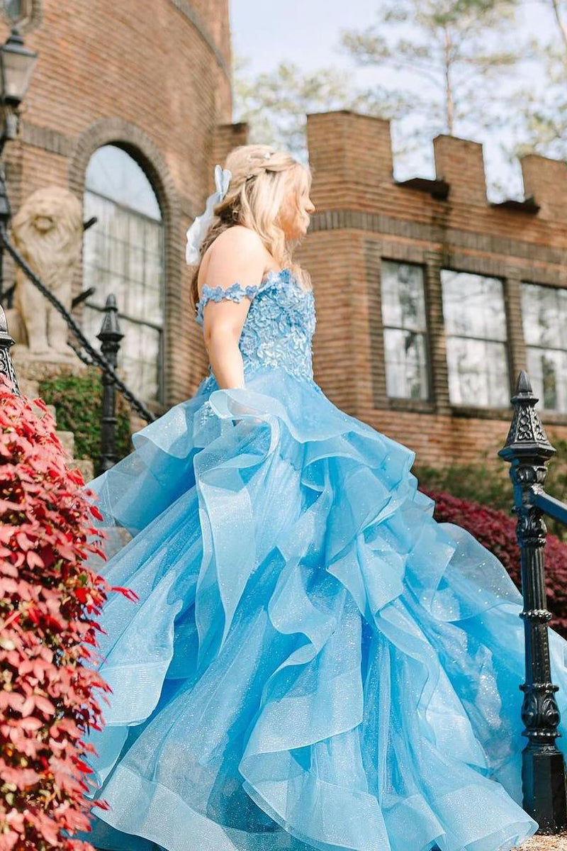 Blue Off-the-Shoulder Tiered Tulle Prom Dress with Ruffles and Appliqués