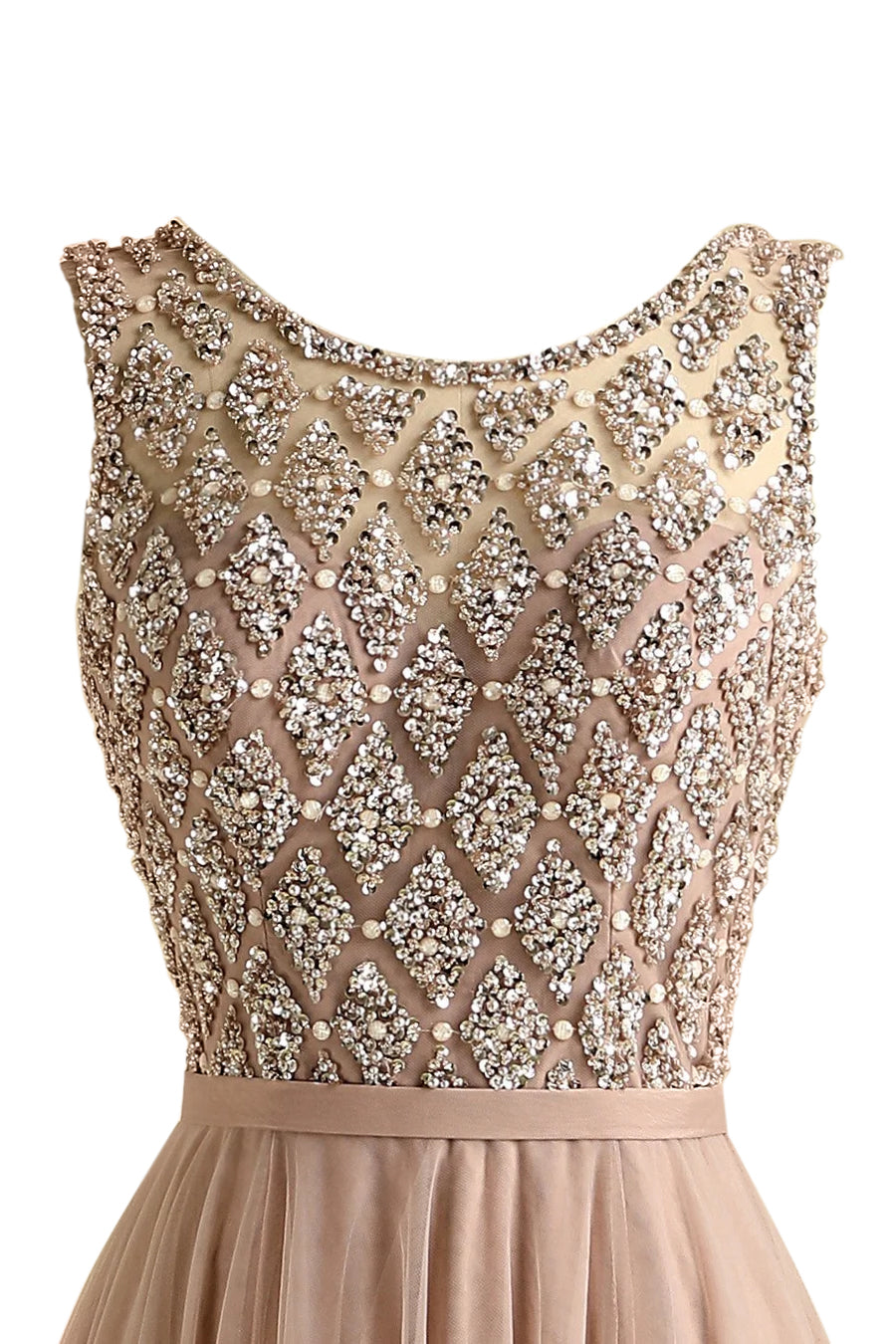 Sparkly Beaded Sheath Long Tulle Bridesmaid Prom Dress