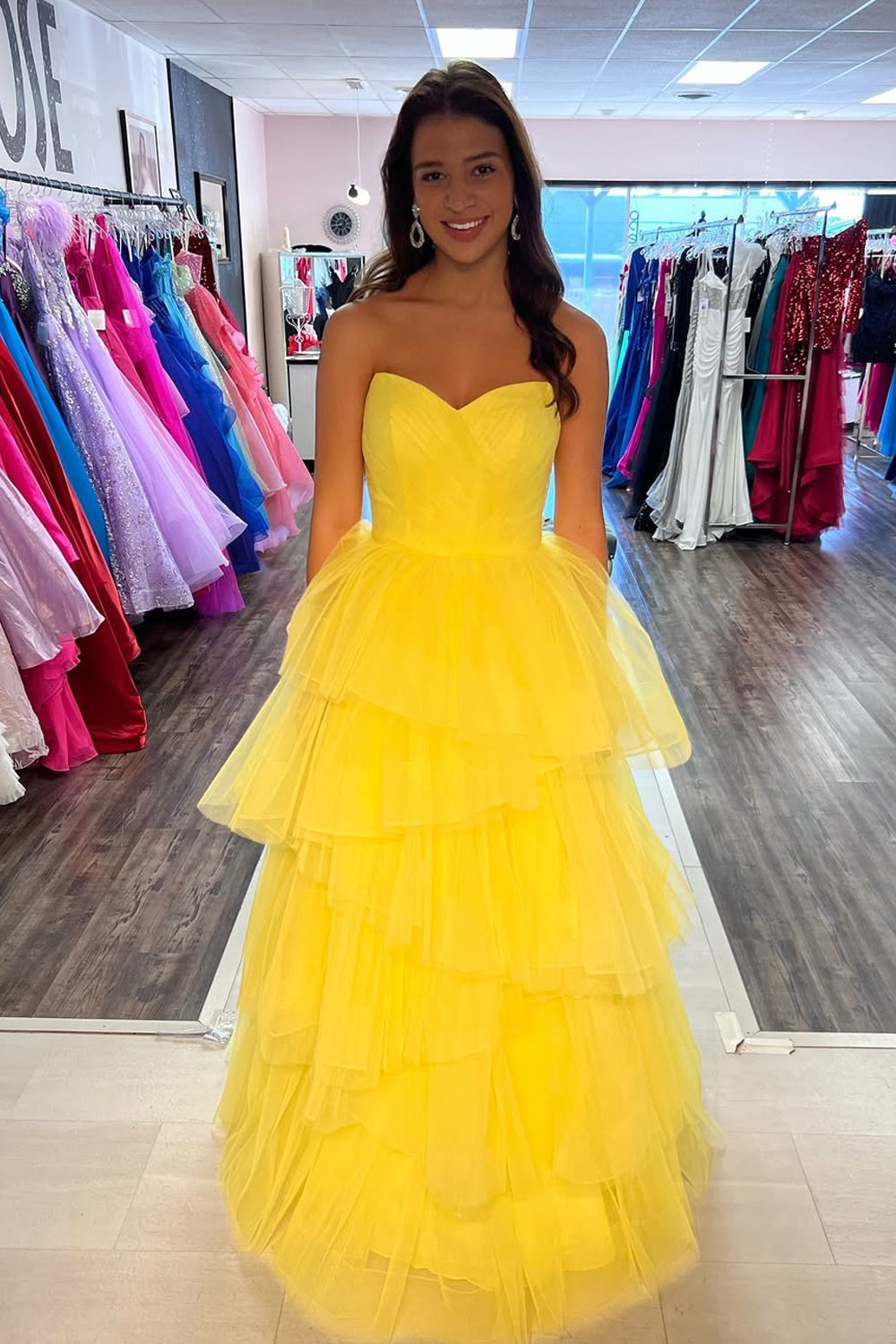 Sunny | Strapless Yellow Tulle Tiered Ball Gown Prom Dress
