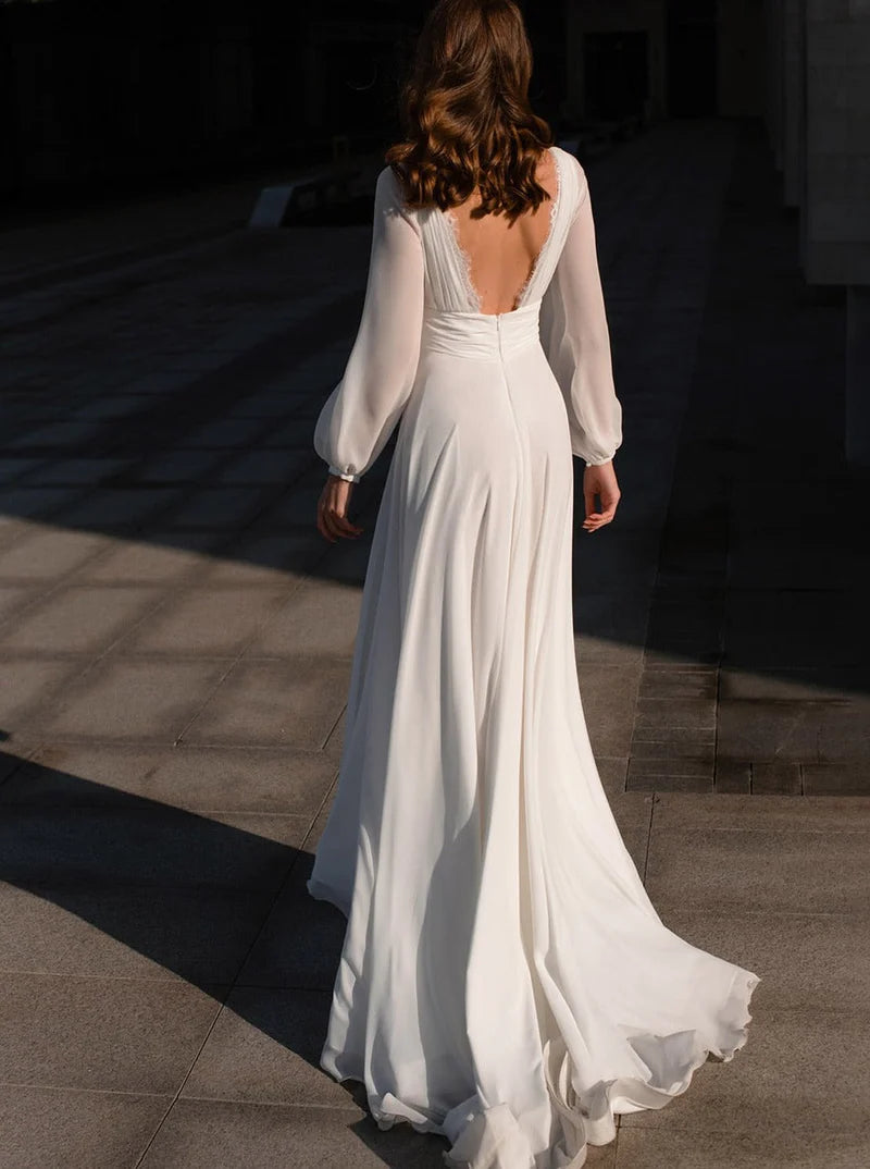 Boho A-Line White V Neck chiffon Long Sleeve Wedding Dress ld101002