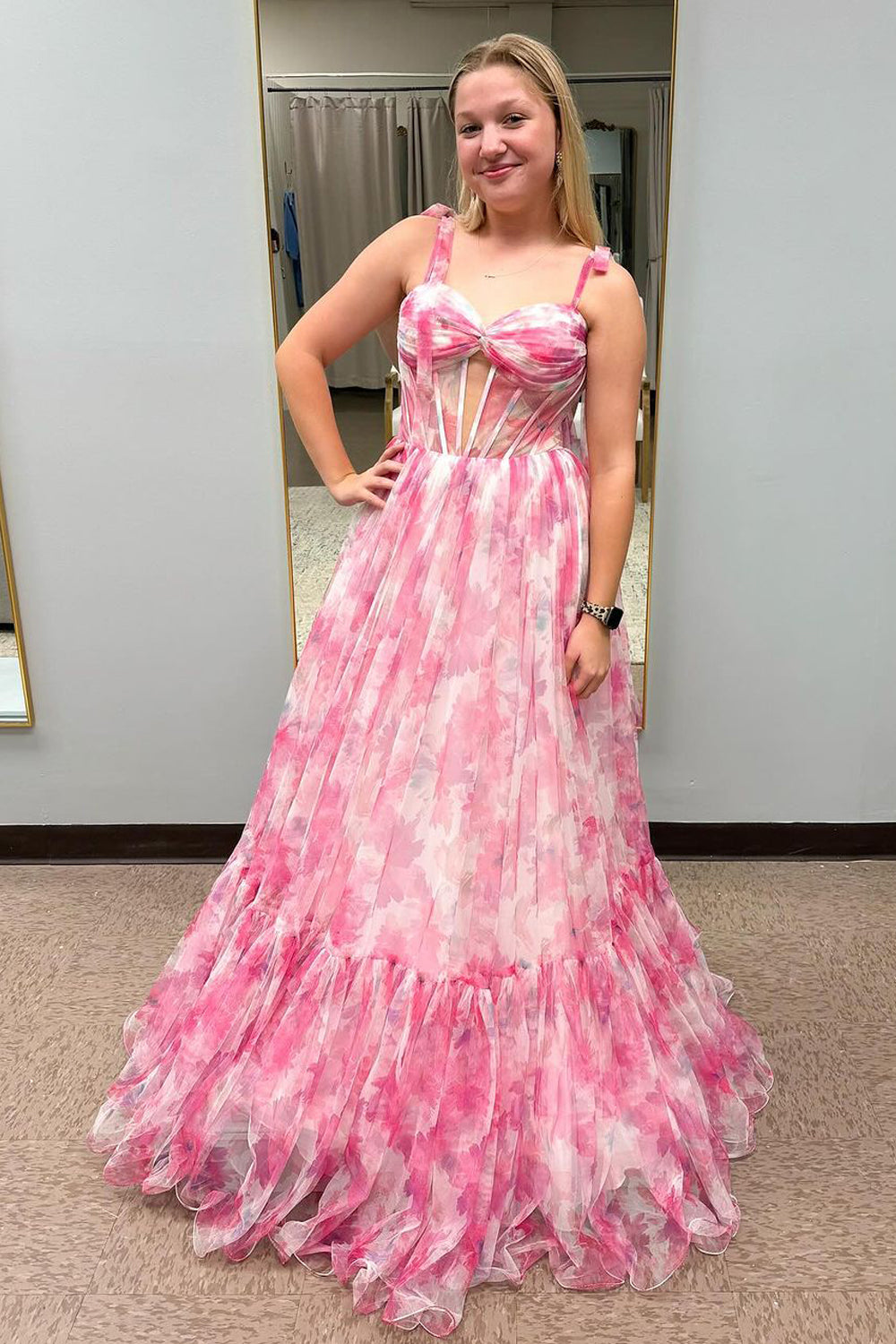 Cute Pink Printed Chiffon A-Line Long Prom Dress with Sweetheart Neckline