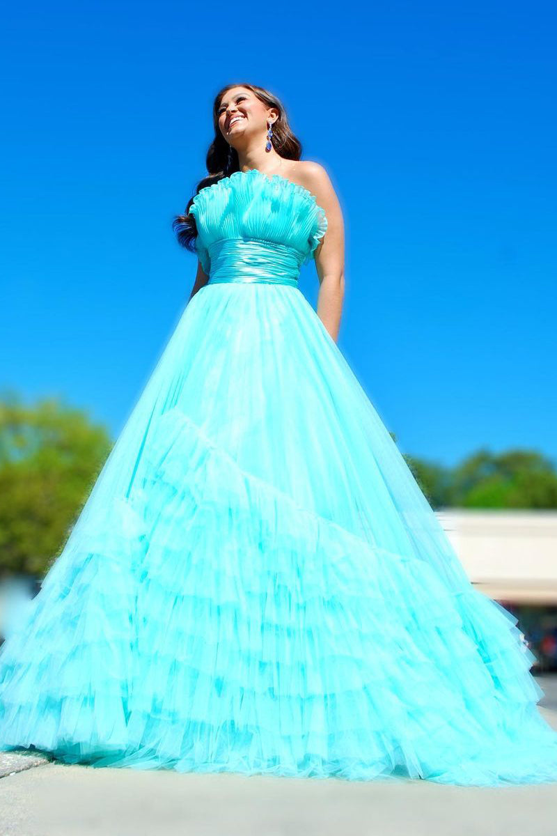 Cute Ball Gown Strapless Ruffle Tiered Tulle Prom Dresses LD062594