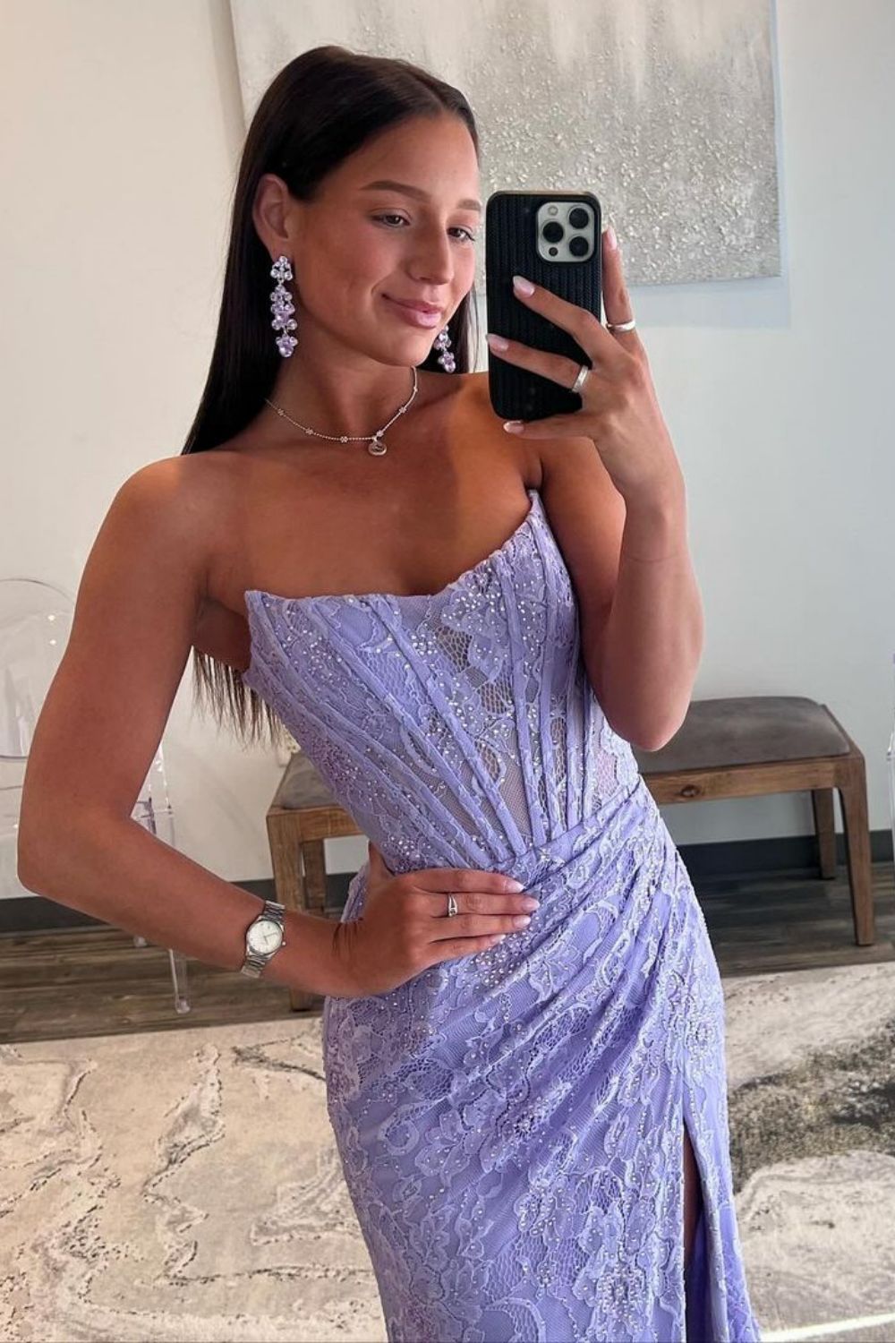 Charming Lilac Mermaid Scoop Neck Lace Prom Dresses With Slit LD062560