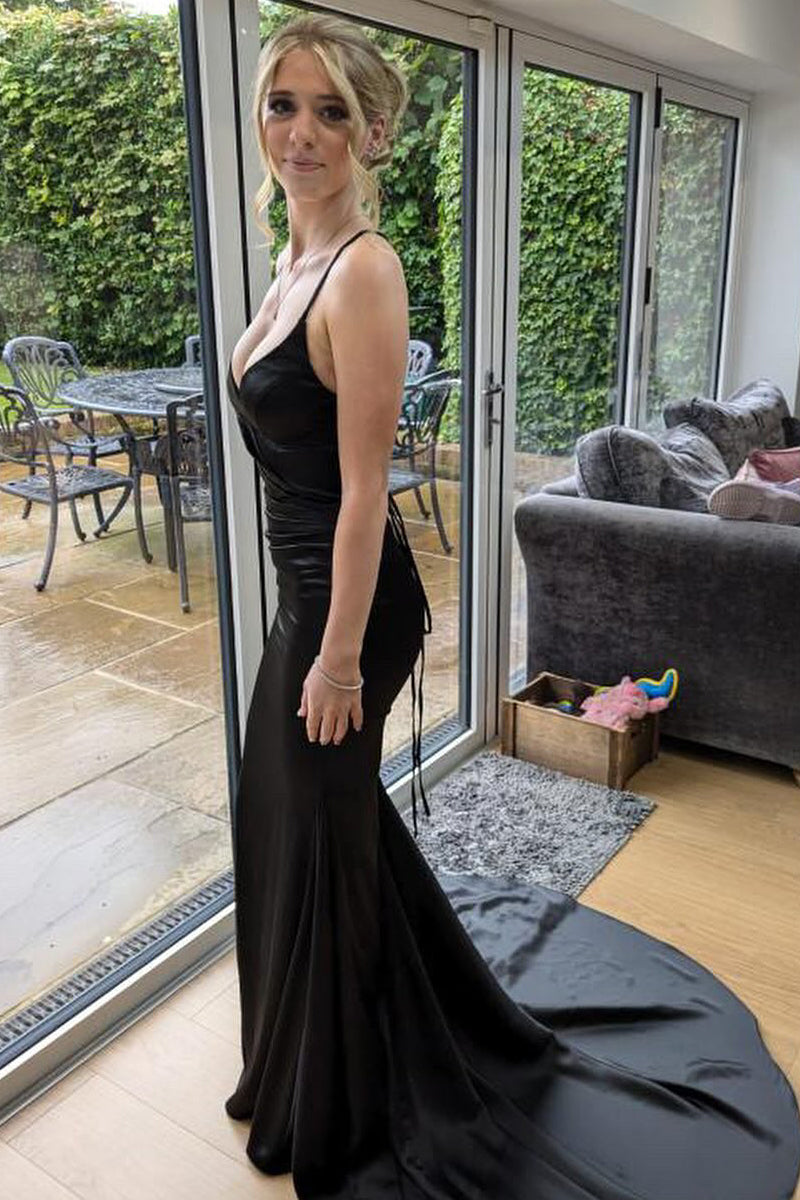 Sexy Mermaid V Neck Black Satin Long Evening Dresses LD071301