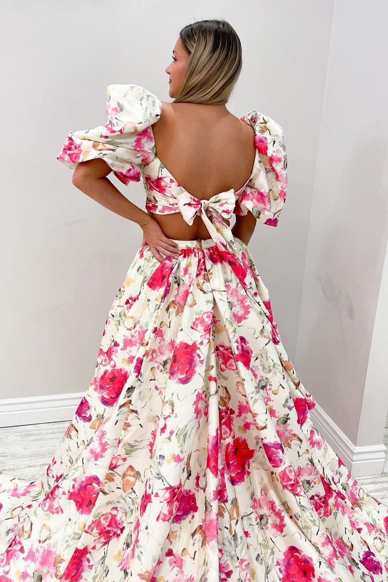 CuteA Line Floral Printed Puff Sleeves Prom Dresses with Slit LD062566
