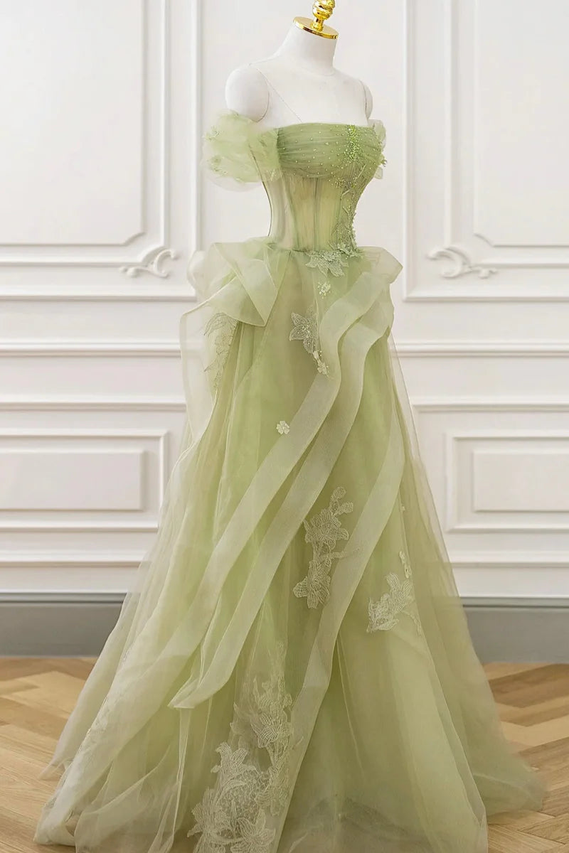 Green Lace Corset Prom Dress with Tulle Skirt
