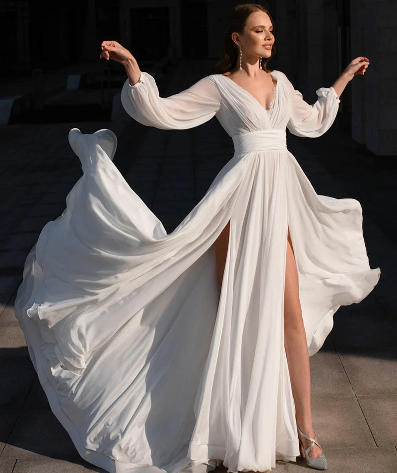 Boho A-Line White V Neck chiffon Long Sleeve Wedding Dress ld101002