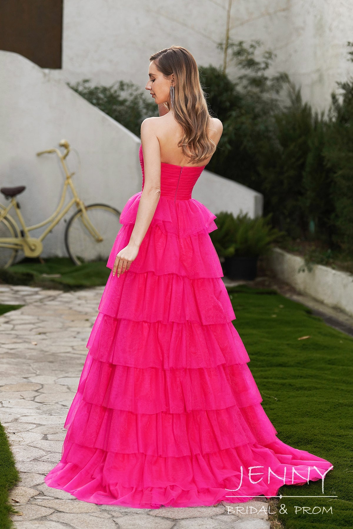 Romantic Hot Pink A-Line Organza Strapless Prom Dress with Tiered Layers