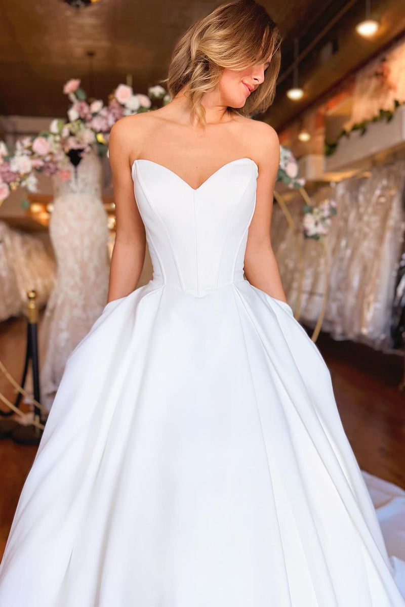 Princess Strapless White Satin Wedding Dresses with Pockets LD062573