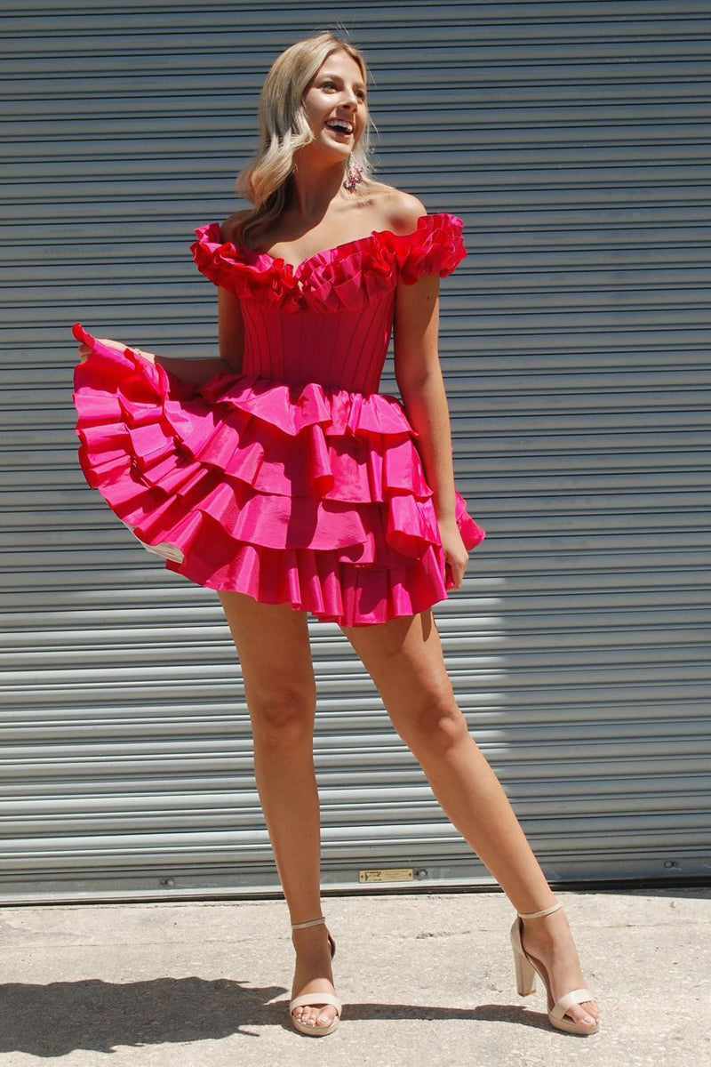 Cute A Line Off the Shoulder Ruffle Tiered Hot Pink Homecoming Dresses LD0625106
