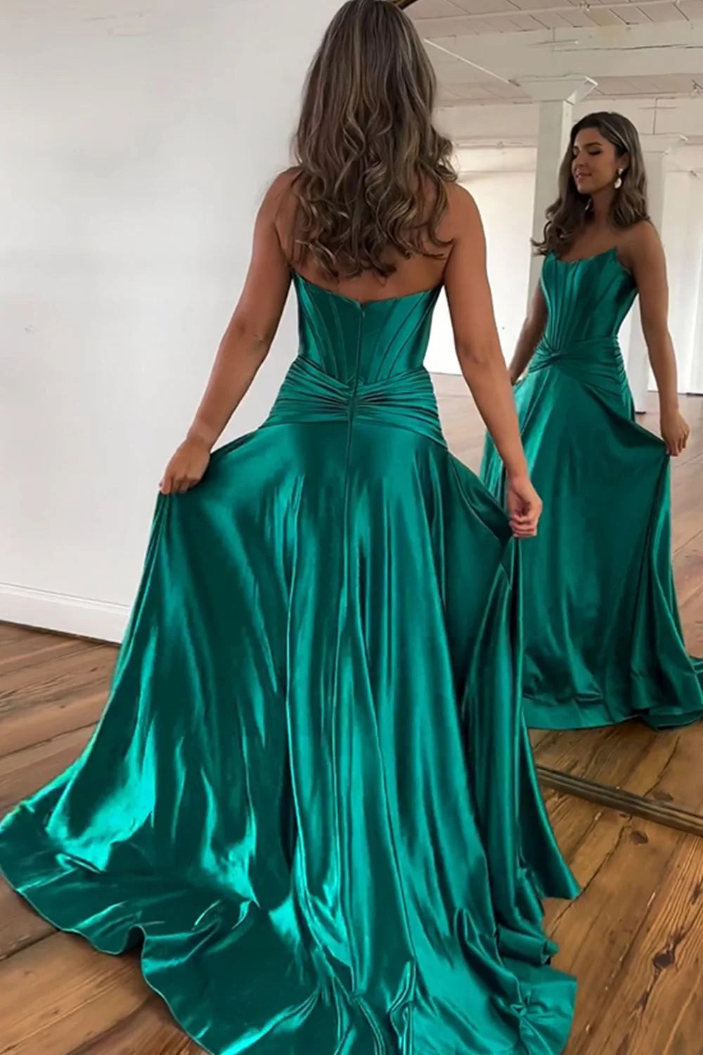 Green Strapless Satin Prom Dress, A-Line with Split and Zipper Back ld101010