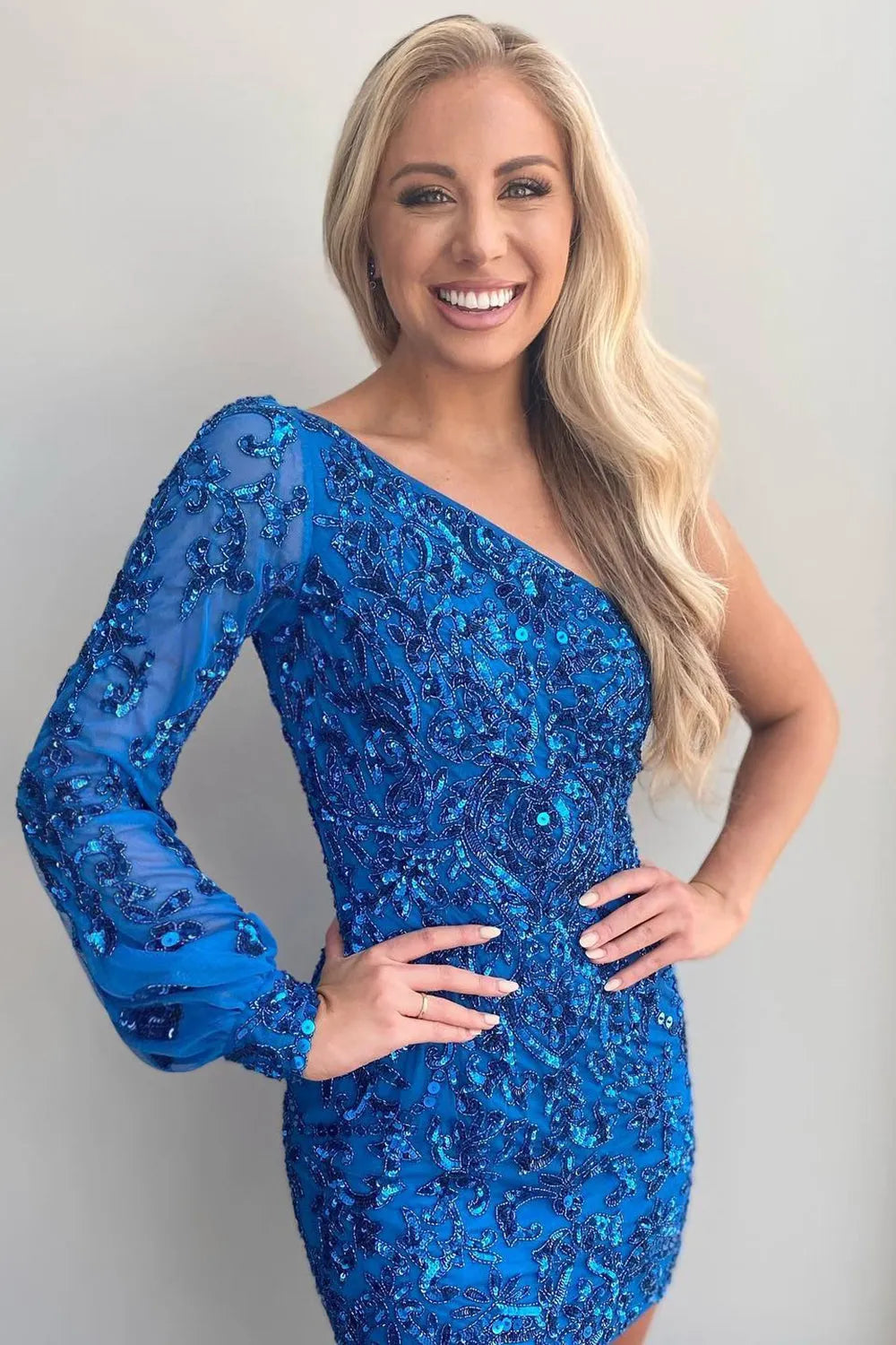Cute One Shoulder Bodycon Long Sleeve Sequins Short Homecoming Dresses LD072604