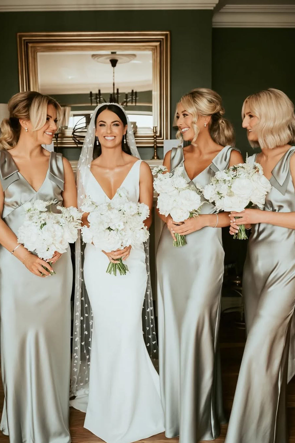 Chic Sheath V-Neck Sage Green Silk Satin Bridesmaid Dress