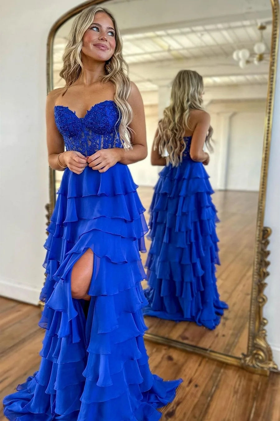 Cute A-Line Sweetheart Light Blue Tiered Chiffon Long Prom Dress LD062562