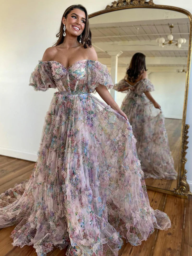 Floral Tulle A-Line Off-the-Shoulder Prom Dress