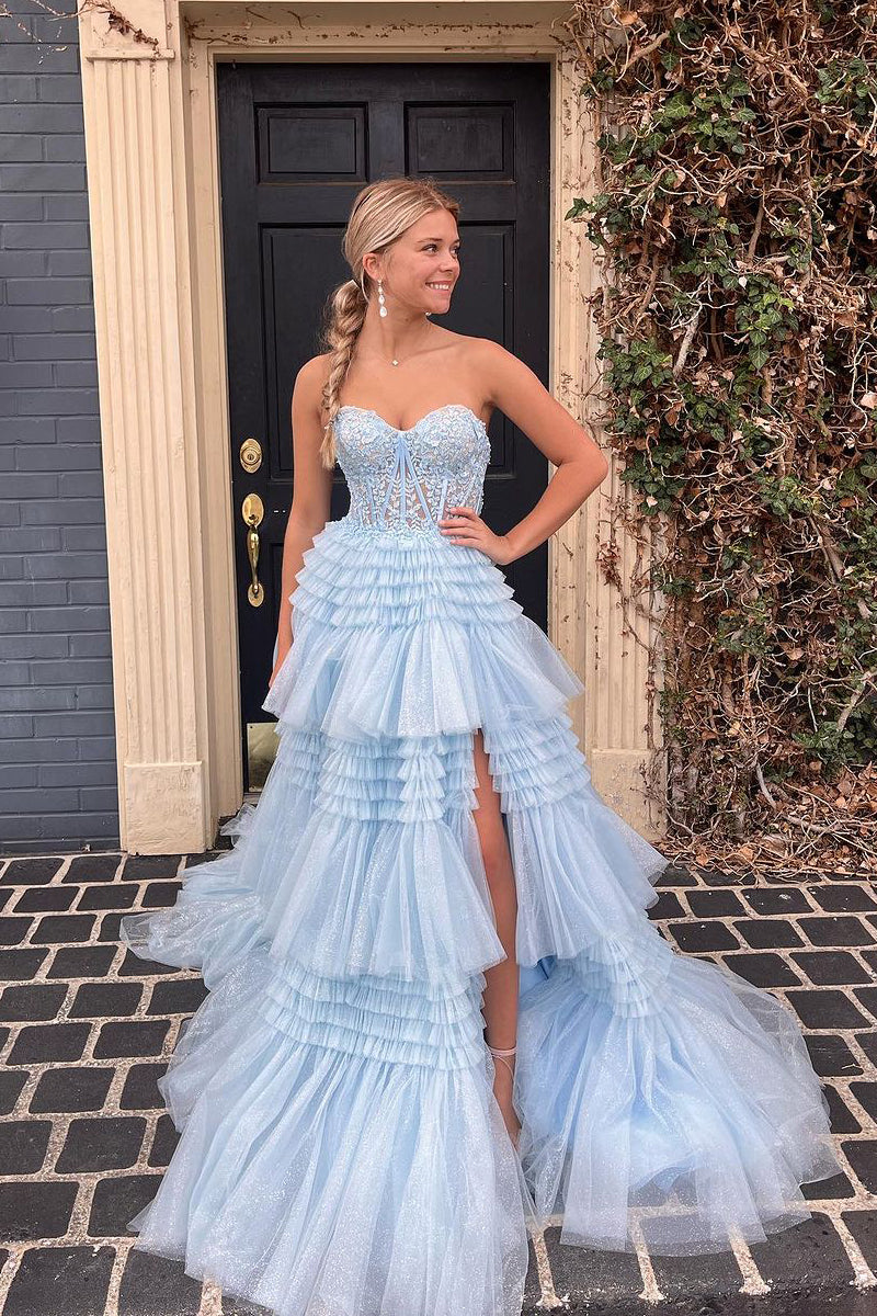 Cute A-Line Sweetheart Light Blue Ruffle Tiered Tulle Long Prom Dress LD062590