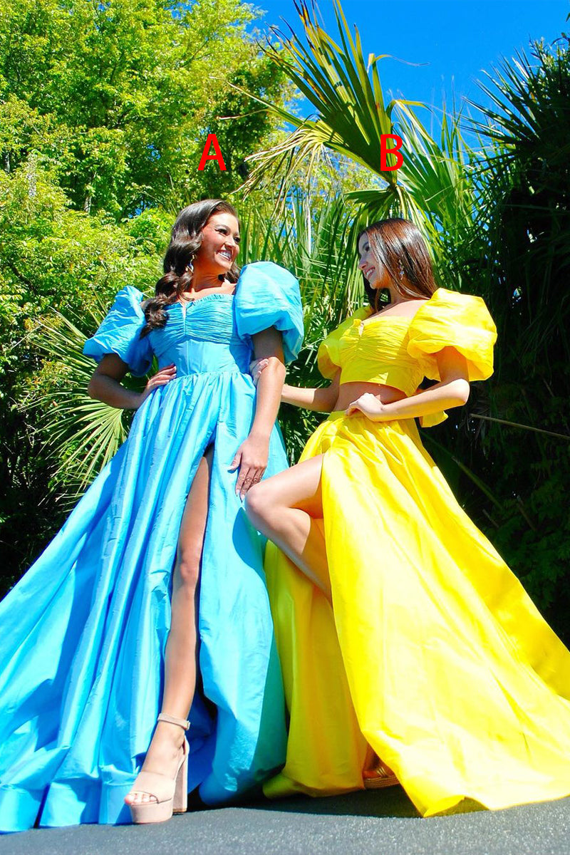Cute Ball Gown V Neck Two Piece Yellow Satin Long Prom Dresses LD062596