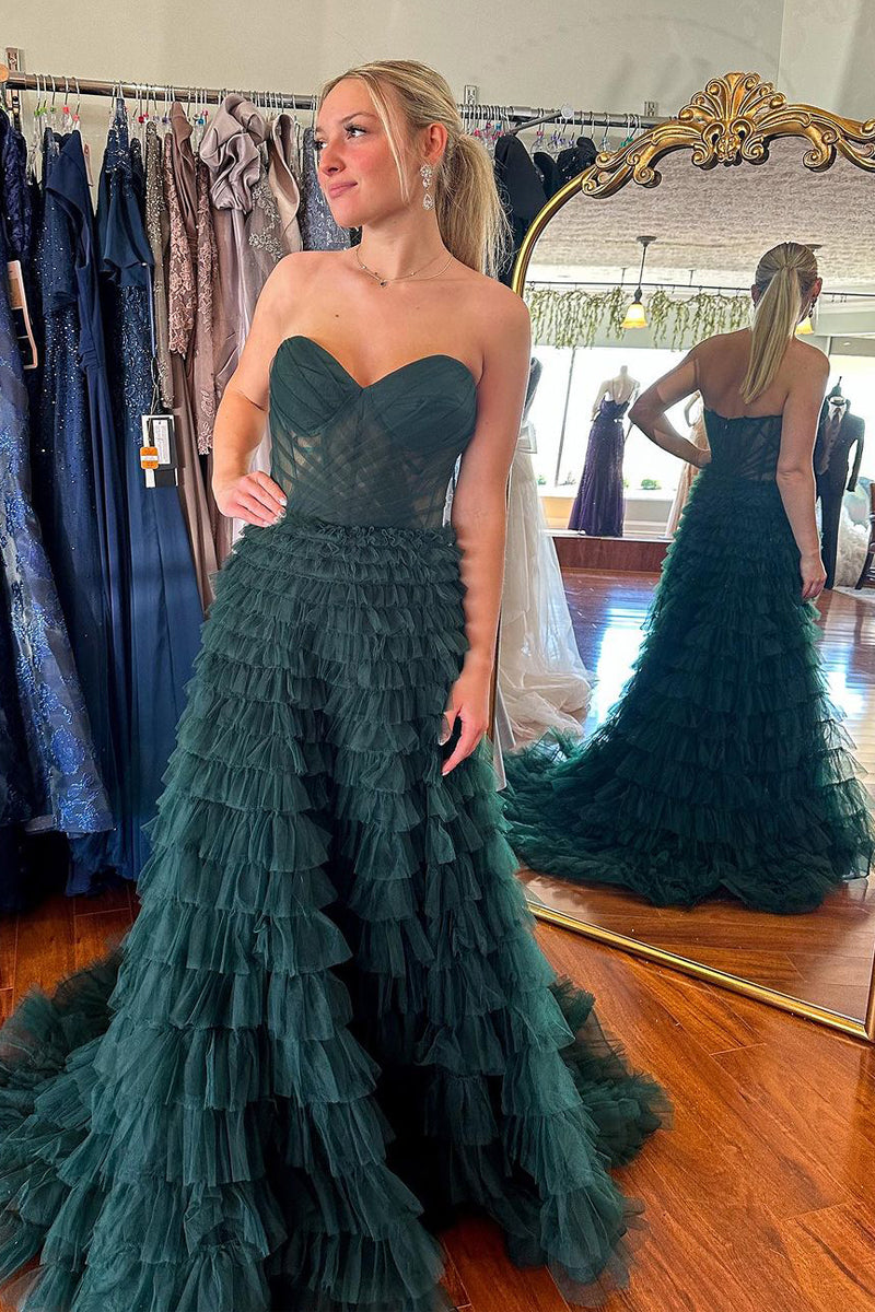Gorgeous A Line Sweetheart Dark Green Ruffle Tiered Tulle Prom Dress LD062570