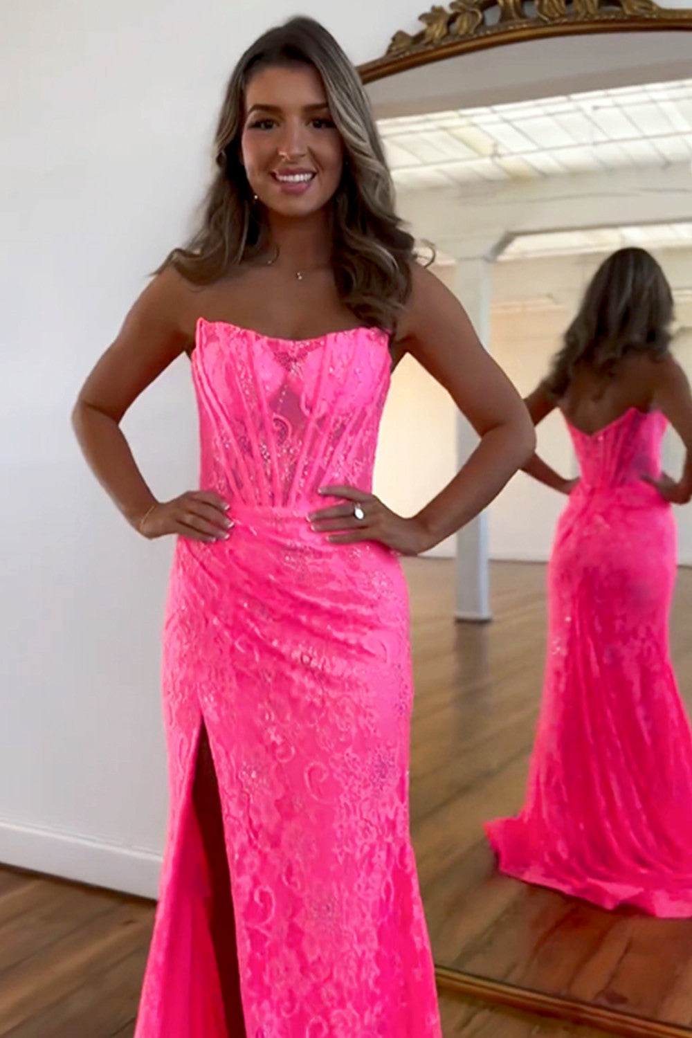 Cute Pink Mermaid Strapless Lace Prom Dress With Slit LD062561