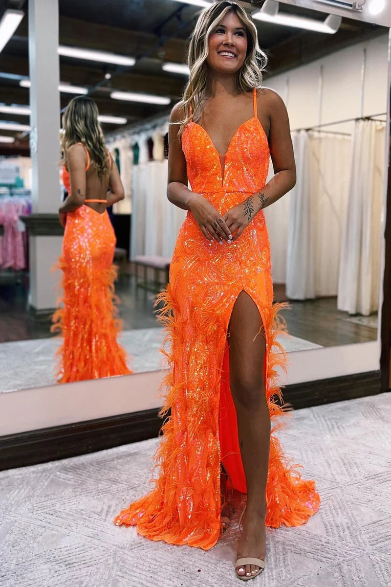 Charming Mermaid V Neck Hot Pink Sequins Long Prom Dresses with Feather LD070812