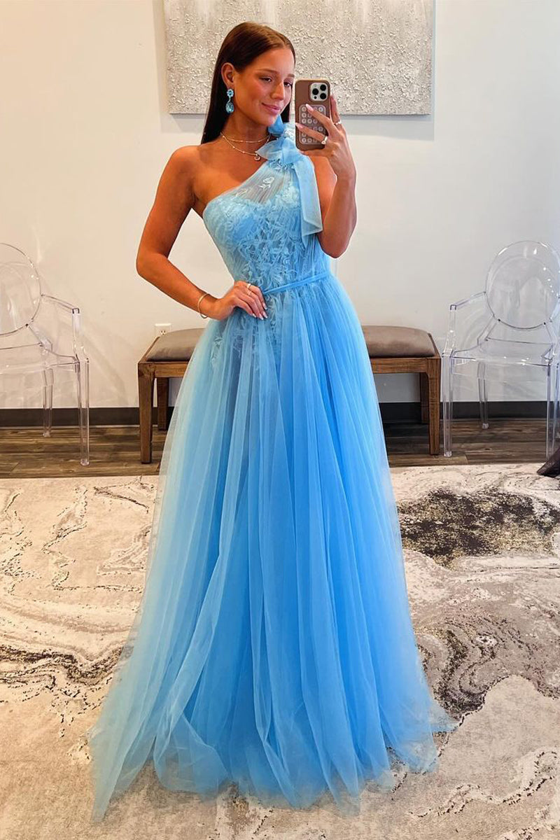 Charming A Line One Shouledr Blue Tulle Long Prom Dress with Appliques LD062556