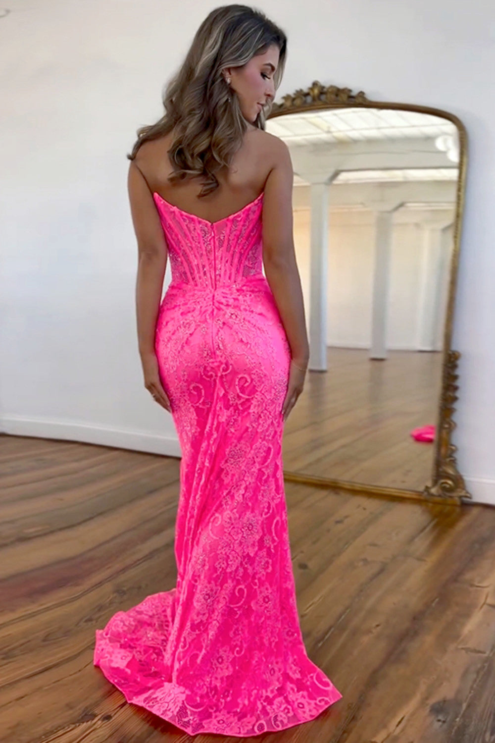 Cute Pink Mermaid Strapless Lace Prom Dress With Slit LD062561