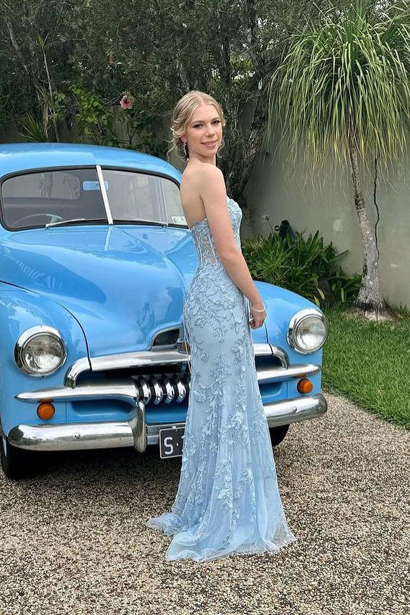 Charming Mermaid Sweetheart Light Blue Lace Prom Dresses with Appliques LD062565