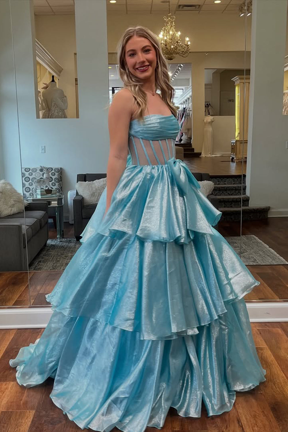Elegant Strapless Light Blue Organza Ball Gown Prom Dress with Bow