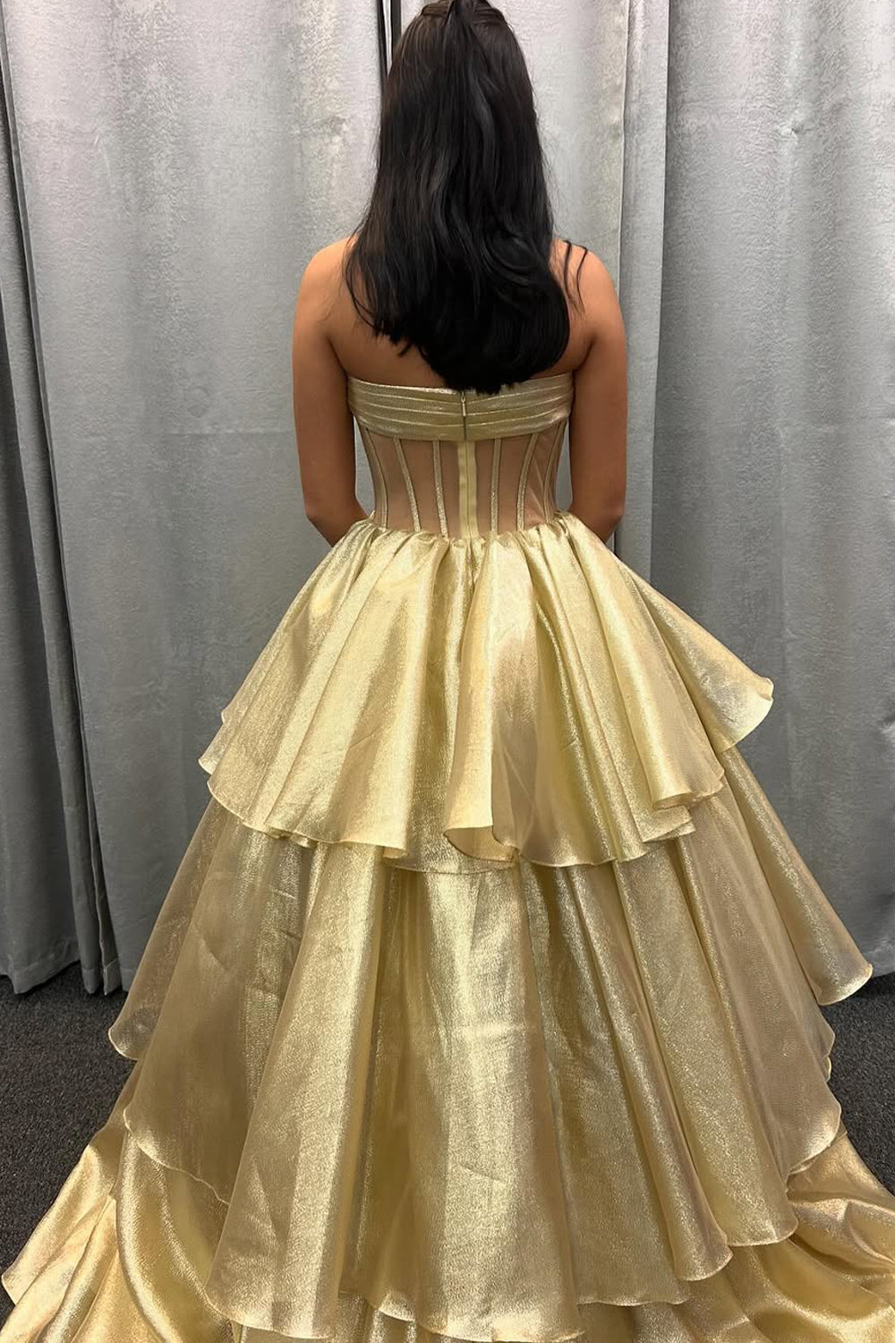 Cute Strapless Gold Ball Gown Prom Dress with Tiered Organza Skirt and Bow