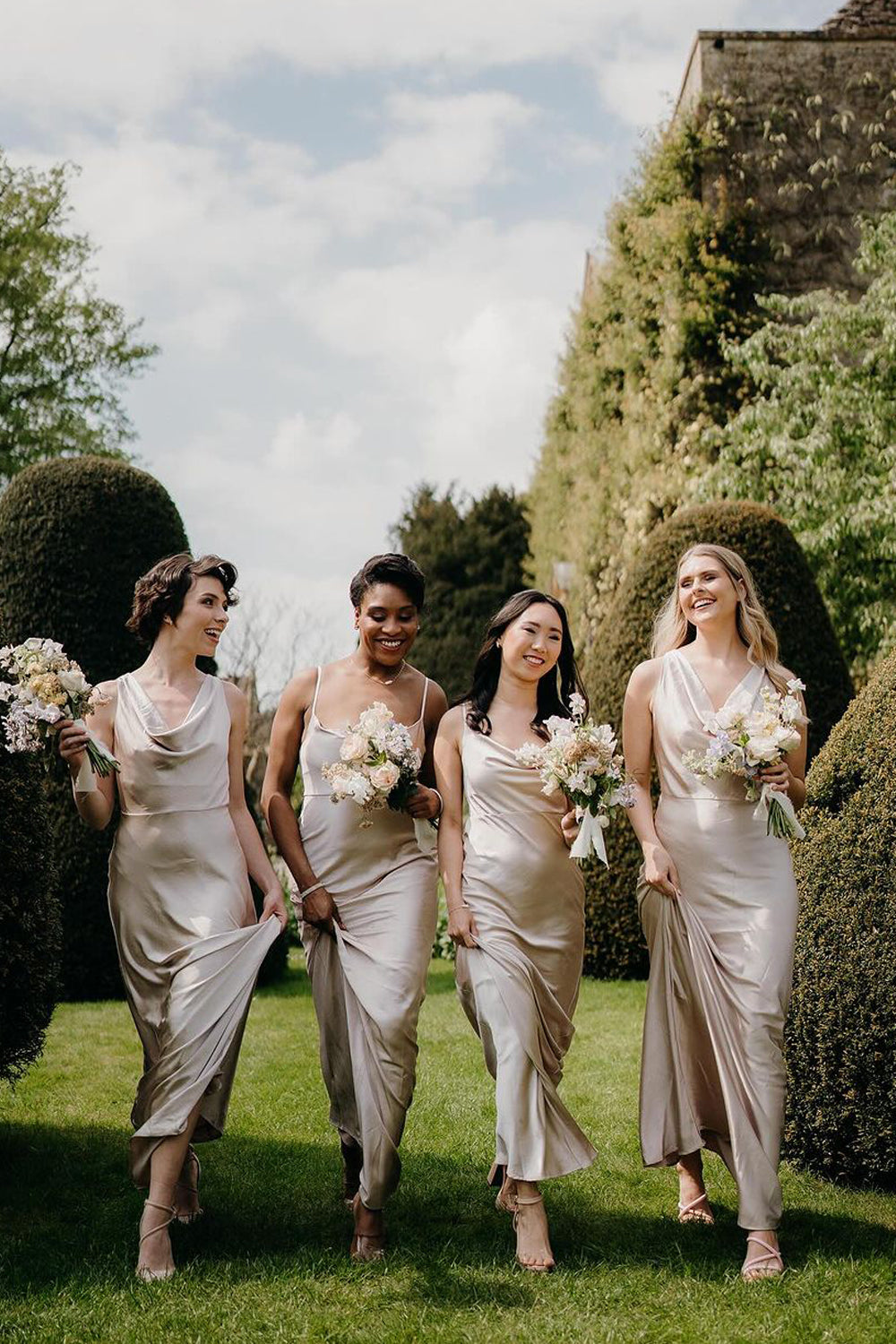 Charming Sheath Cowl Neck Champagne Silk Satin Long Bridesmaid Dress LD081202