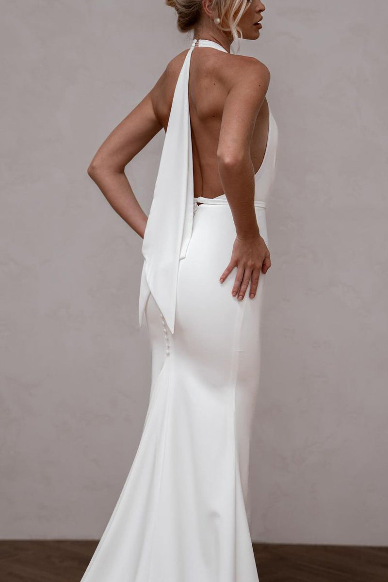 Elegant Mermaid V Neck Satin Long Wedding Dress LD062599