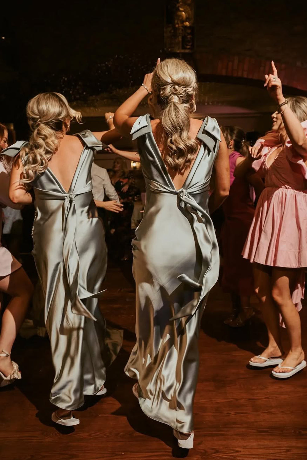 Chic Sheath V-Neck Sage Green Silk Satin Bridesmaid Dress