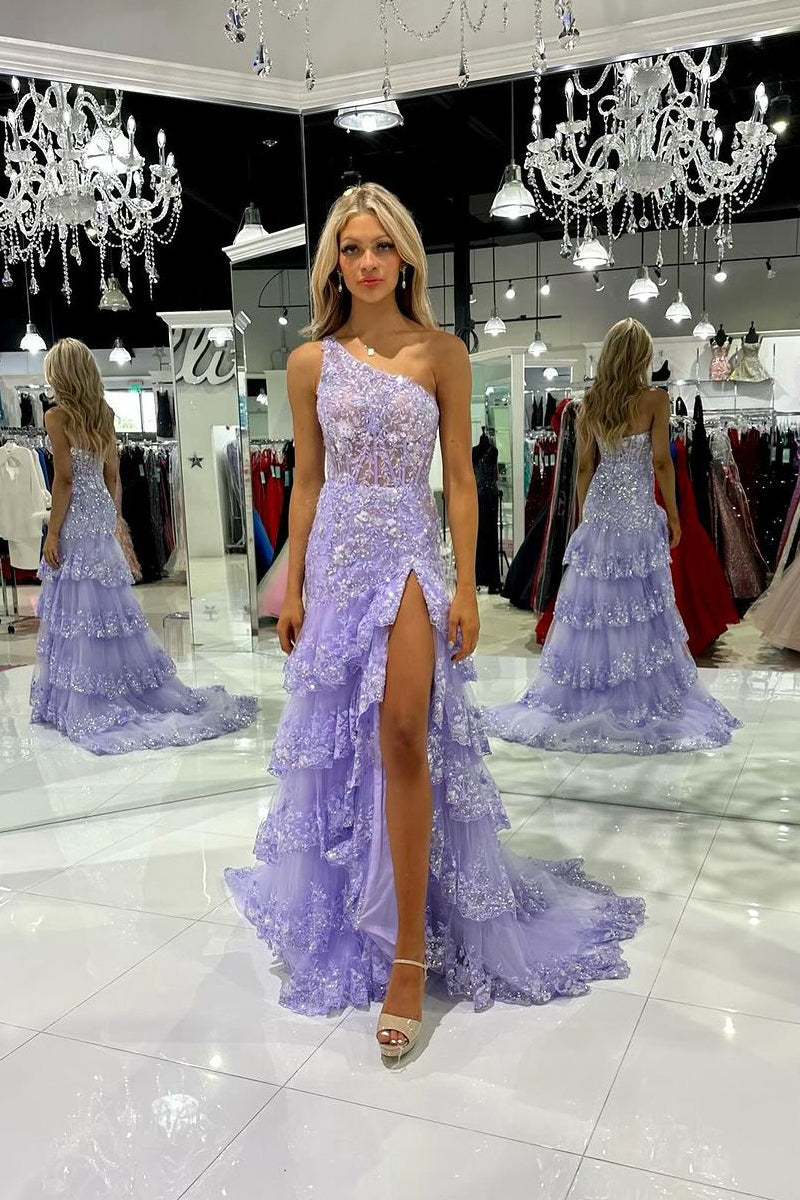 Cute Mermaid One Shoulder Lavender Ruffle Tulle Prom Dress with Appliques LD062528