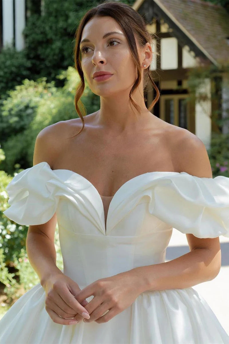 White Puff Off-the-Shoulder V Neck Sweeping Long Wedding Dress ld101005