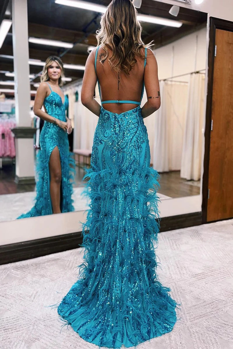 Charming Mermaid V Neck Hot Pink Sequins Long Prom Dresses with Feather LD070812